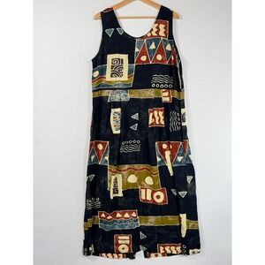 Java Lava Maxi Dress Women Large Navy Batik Geometric Rayon Tropical Boho Tribal